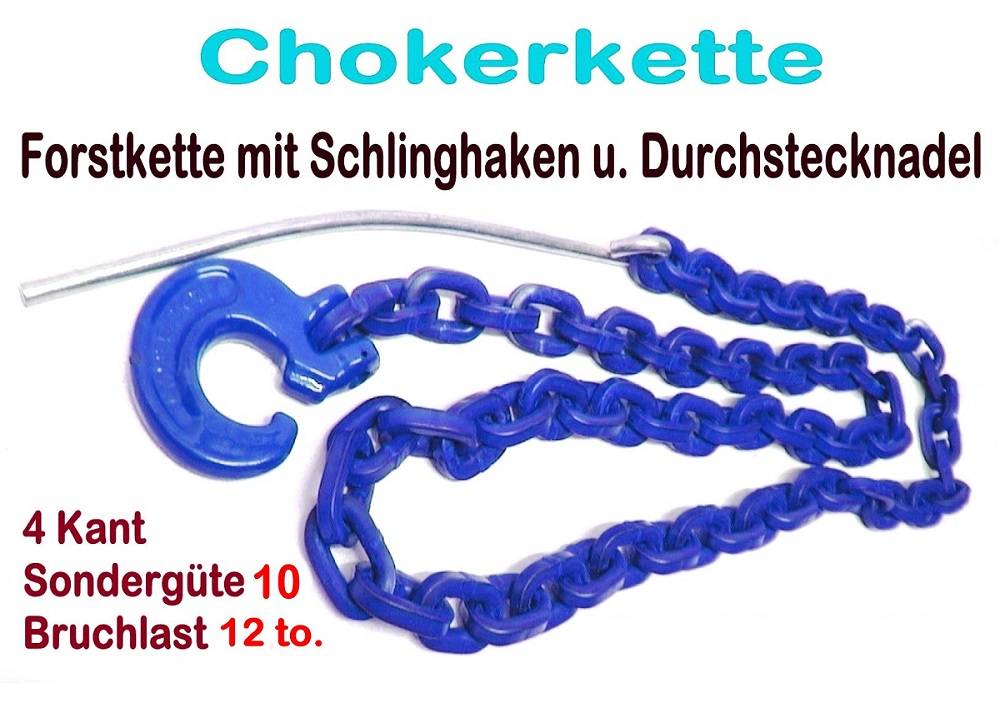 Forstkette Chokerkette G10 blau 8mm 4-Kant L. 2,0m mit Schlinghaken u. Nadel  - Motorgeräte-Tensfeld