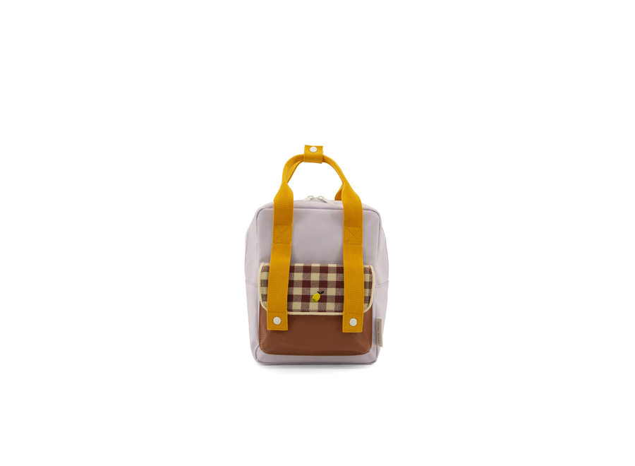 Small backpack gingham chocolate sundae + daisy yellow + mauve lilac