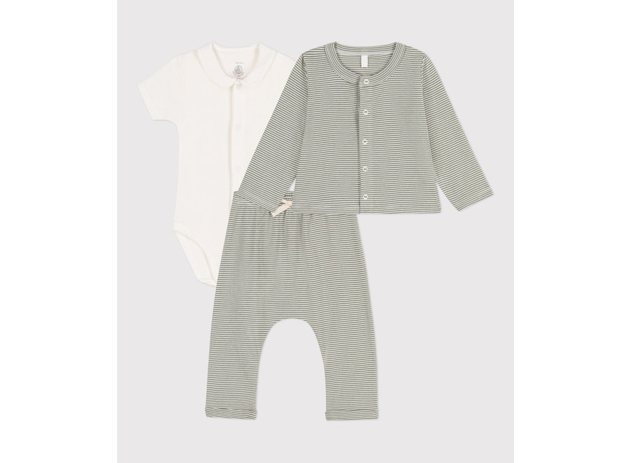 Katoenen set met streepjes Marecage groen/Marshmallow wit