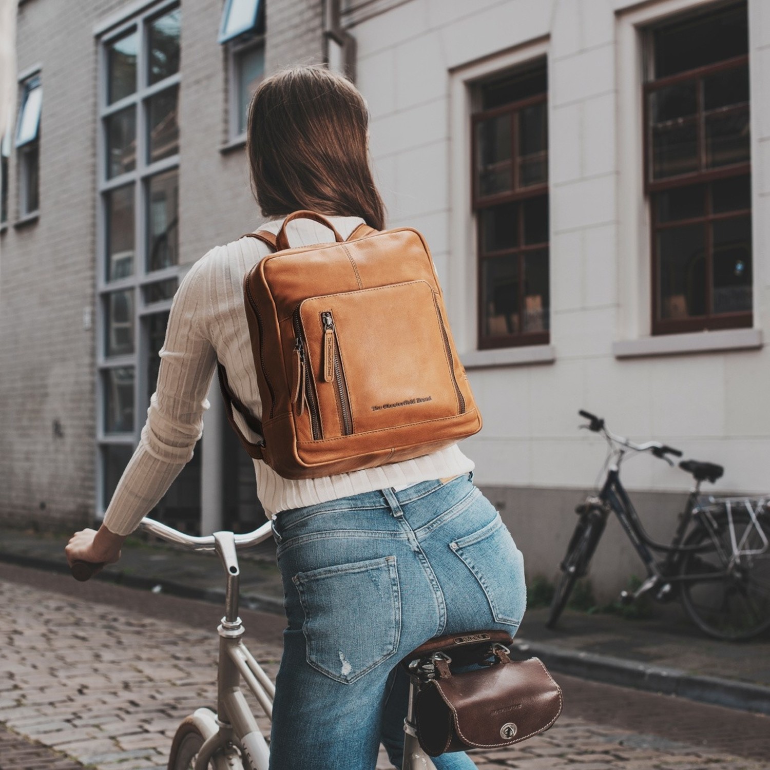 cognac leather backpack