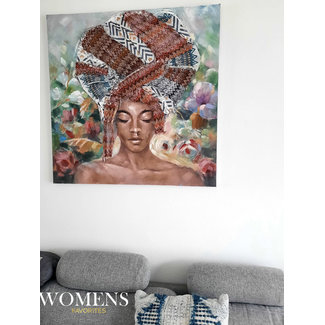 Abstracte Afrikaanse Vrouw Schilderij Canvas - Met Hoofddoek - Met Vlinders en Bloemen  - Kleurrijk - Olieverf - 100x100cm