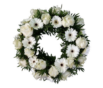 Handwerk door eigenaar Firenze bloemenatelier Urn wreath white roses