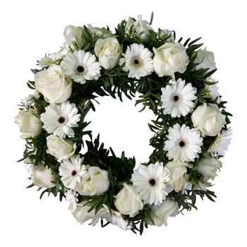 Handwerk met liefde en aandacht Urne couronne de roses blanches