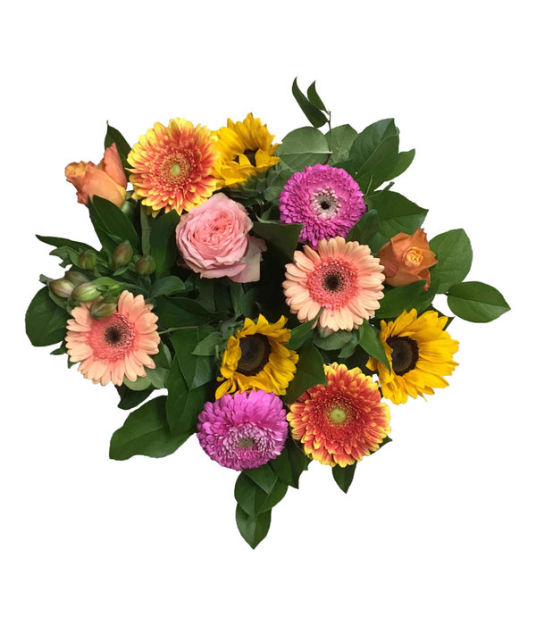 Yellow, salmon and pink flowers