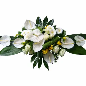 Rouwstuk modern witte bloemen en geel accent
