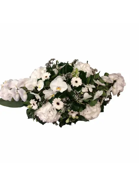 Modern White Funeral Arrangement with Orchids