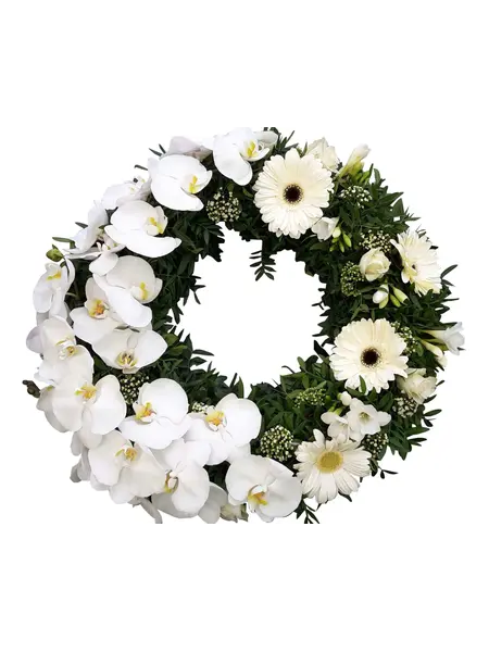 Urn Wreath White Orchids & Germini