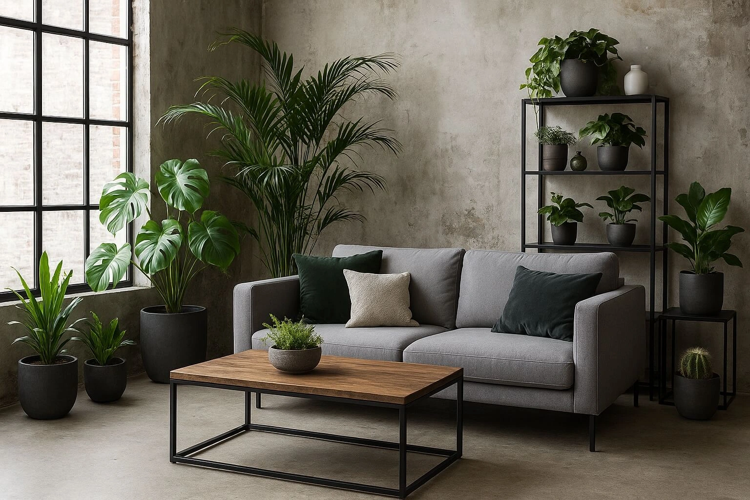 Industrieel interieur met planten