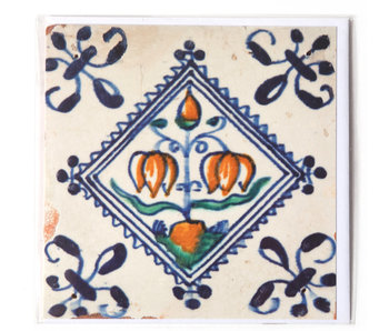 Doble tarjeta, azulejo azul de Delft, bombilla de flores