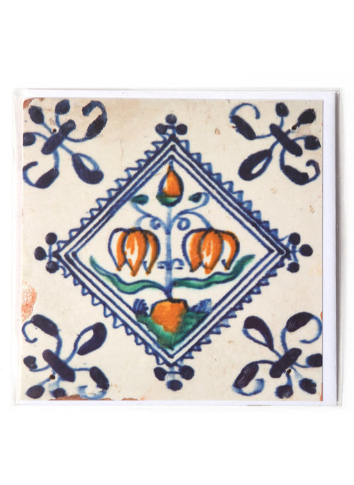 Doble tarjeta, azulejo azul de Delft, bombilla de flores