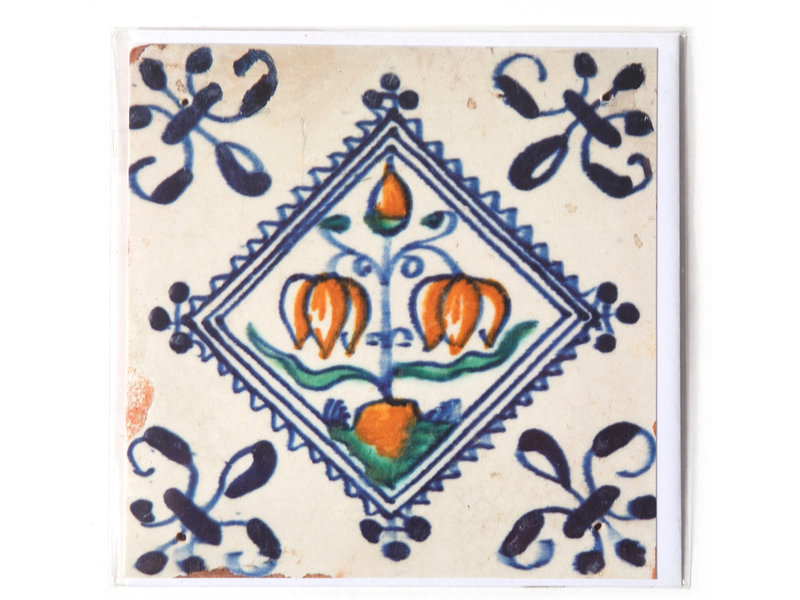 Doble tarjeta, azulejo azul de Delft, bombilla de flores