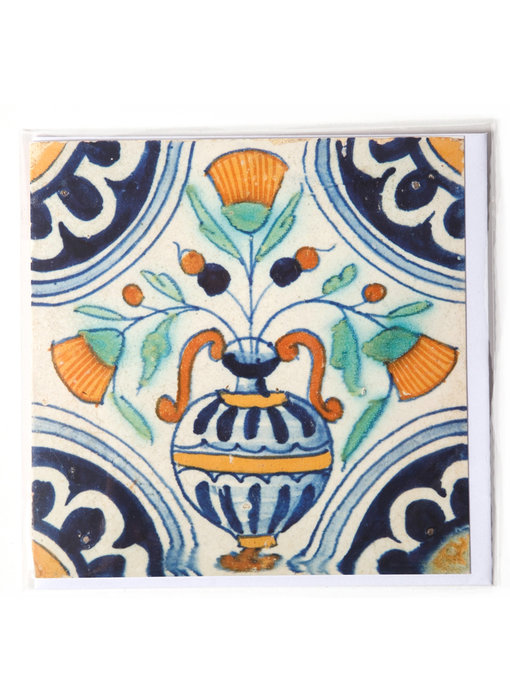 Doble tarjeta, azulejo azul de Delft, florero