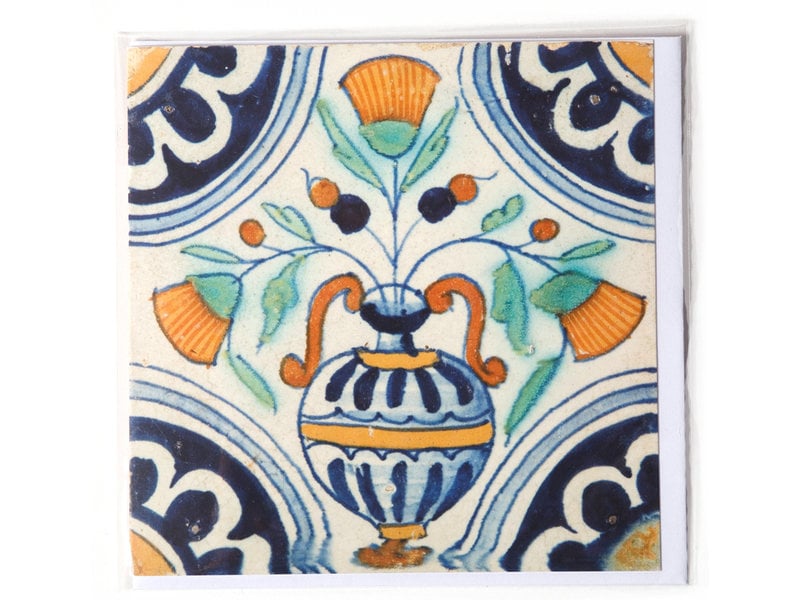 Doble tarjeta, azulejo azul de Delft, florero