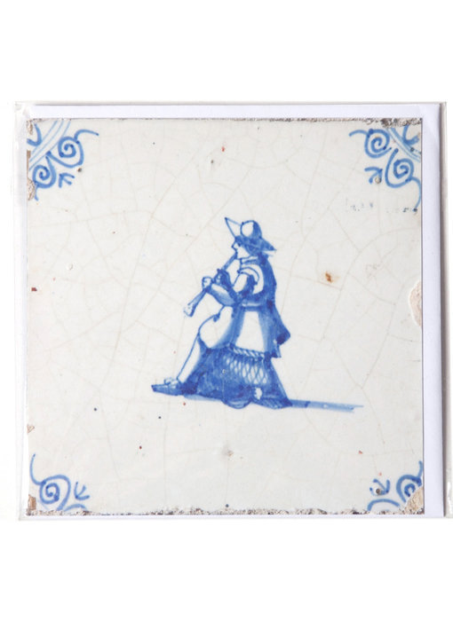 Doble tarjeta, azulejo azul de Delft, músico