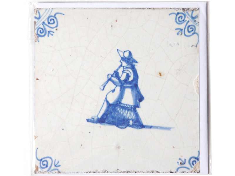 Doble tarjeta, azulejo azul de Delft, músico
