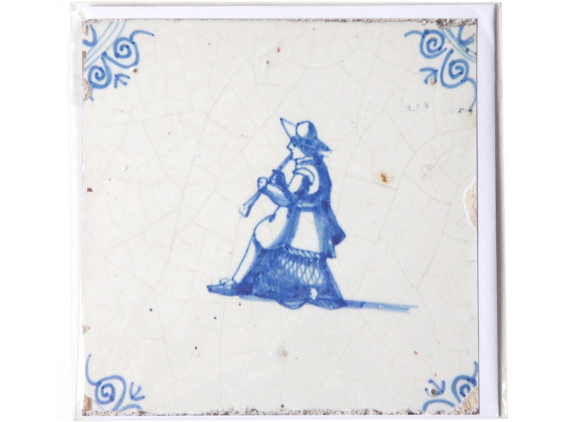 Double carte, tuile bleue de Delft, musicien