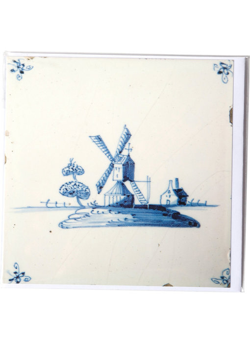 Doble tarjeta, azulejo azul de Delft, molino