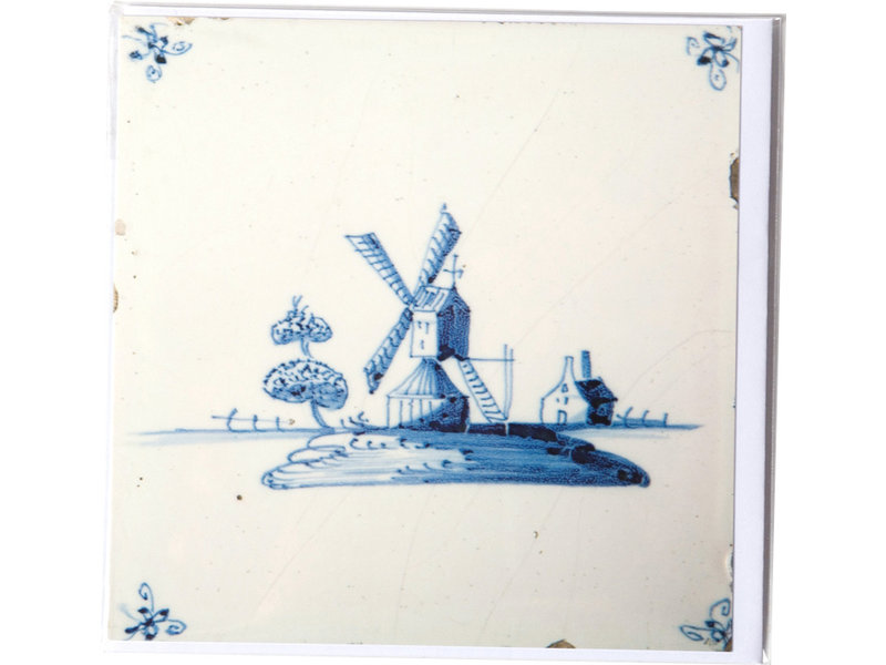 Doble tarjeta, azulejo azul de Delft, molino