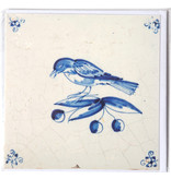 Doble tarjeta, azulejo azul de Delft, pájaro en una rama