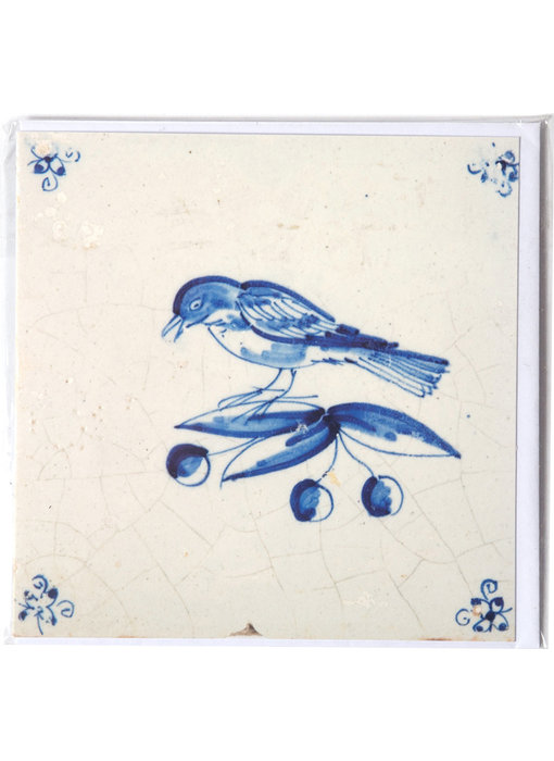 Doble tarjeta, azulejo azul de Delft, pájaro en una rama