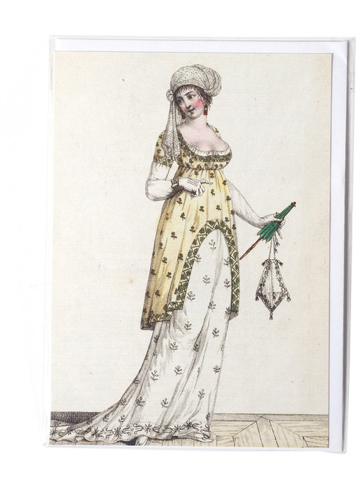 Card, Lady in white-yellow dress with green umbrella