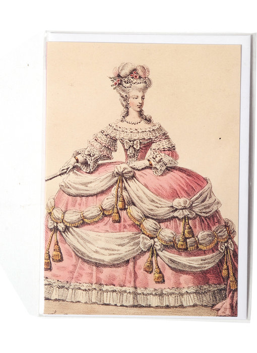 Doppelkarte, Dame in einem rosa und weißen Kleid