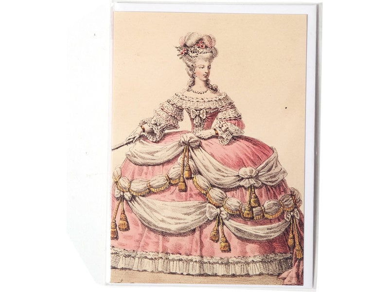 Double carte, Dame en robe rose et blanche