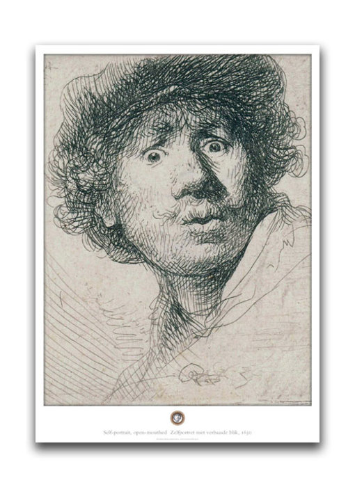 Poster, 50 x 70, Self-portrait with curious face, Rembrandt