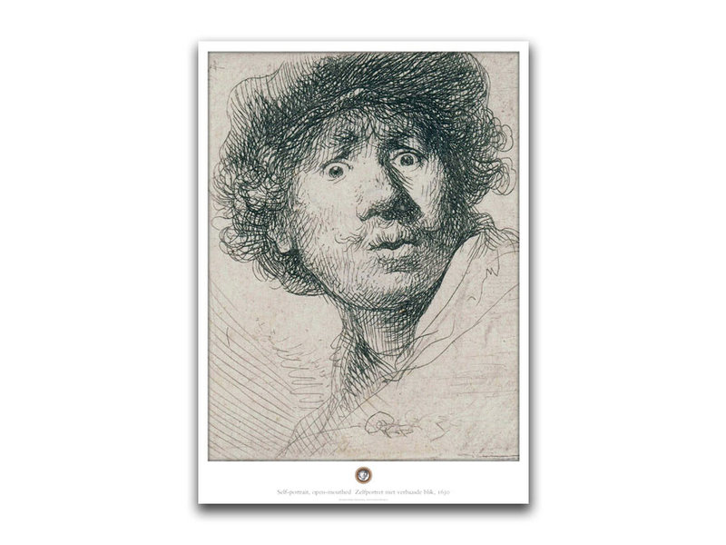 Poster, 50 x 70, Self-portrait with curious face, Rembrandt