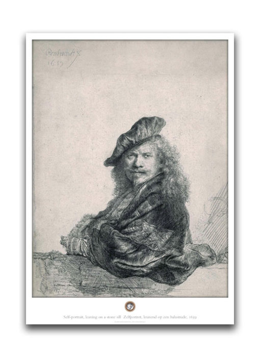 Poster, 50 x 70 cm ,Zelfportret leunend op stenen dorpel , Rembrandt