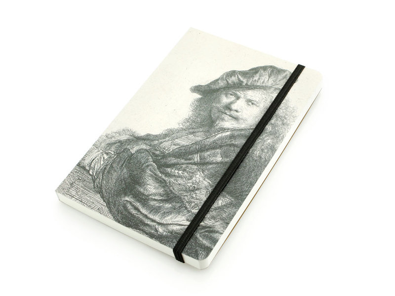Cuaderno de tapa blanda, autorretrato, apoyado en una piedra, Rembrandt