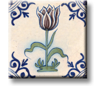 Kühlschrankmagnet, Delfter blaue Fliese, Auberginenfarbene Tulpe