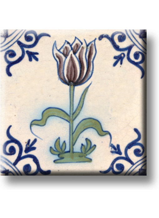 Koelkastmagneet, Delfts blauwe tegel, Aubergine kleurige tulp