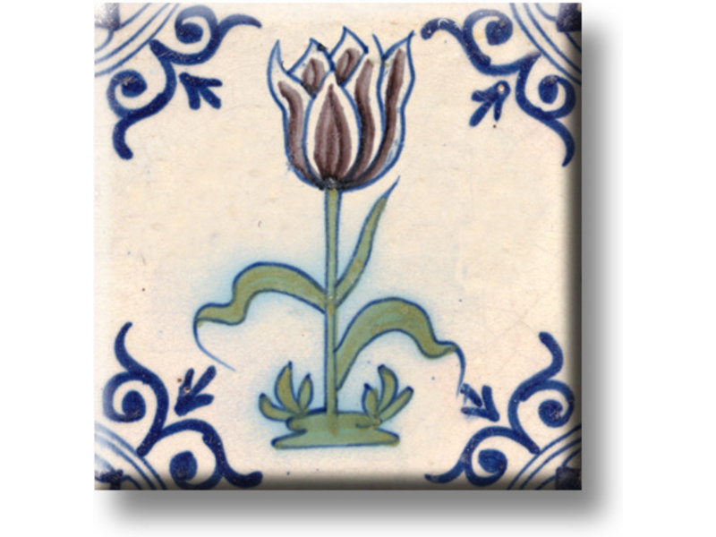 Aimant pour réfrigérateur, carrelage bleu de Delft, tulipe de couleur aubergine