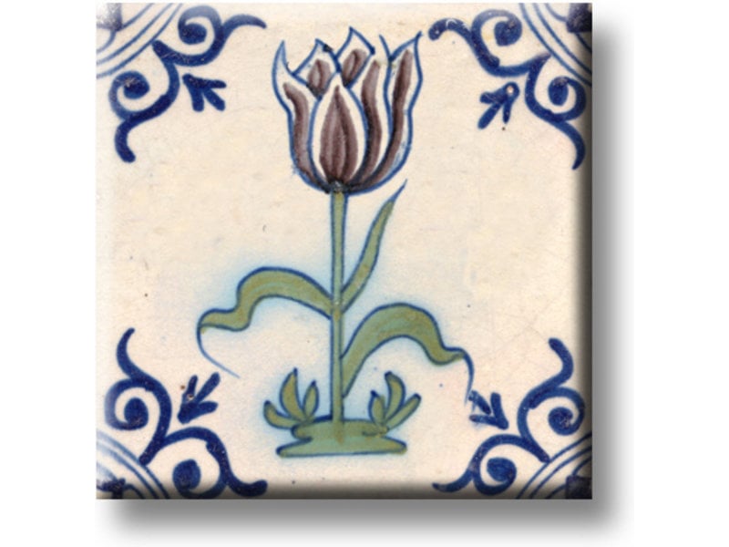 Fridge magnet, Delft blue tile, Eggplant colored tulip