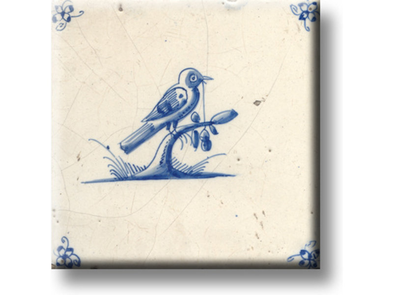 Fridge magnet, Delft blue tile, Bird on a branch