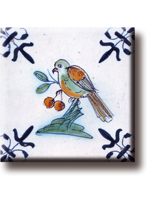 Fridge magnet, Delft blue tile, Bird with berry