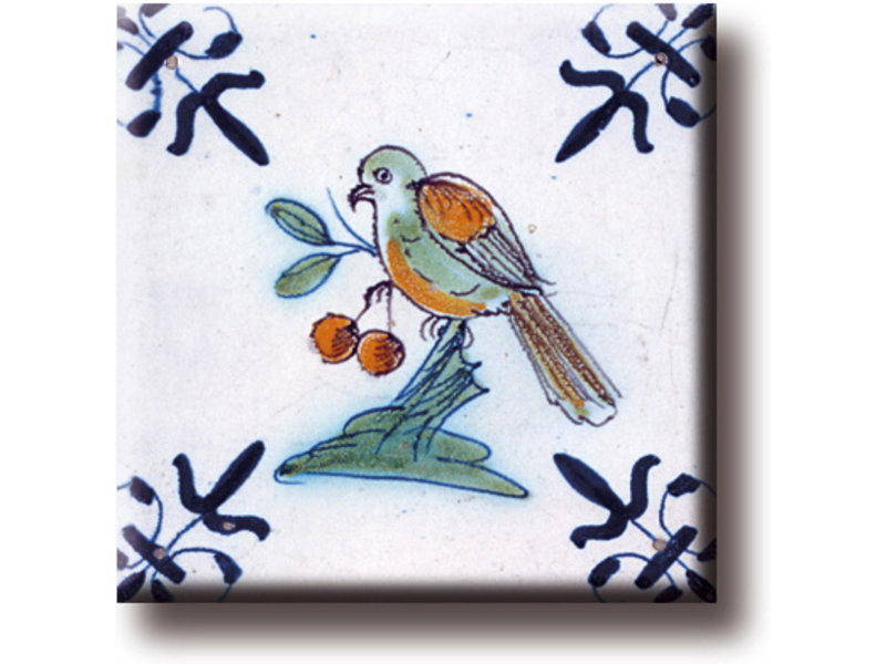 Fridge magnet, Delft blue tile, Bird with berry