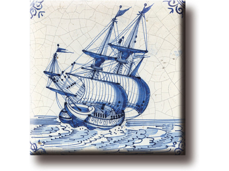 Fridge magnet, Delft blue tile, Merchant ship