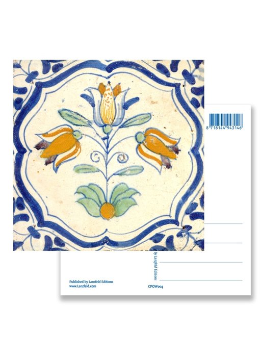 Postal, azulejo azul de Delft Tres tulipanes