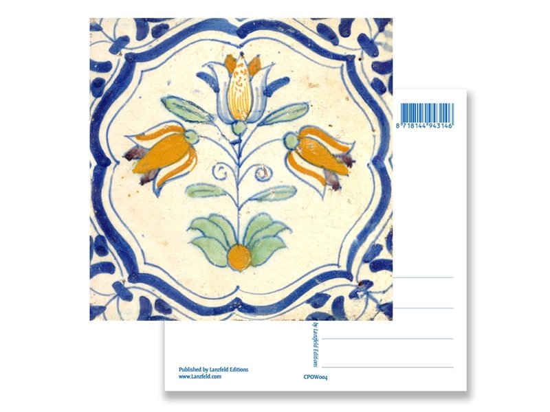 Postal, azulejo azul de Delft Tres tulipanes