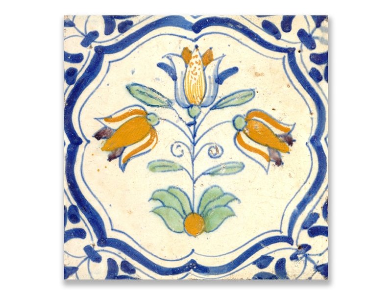 Postal, azulejo azul de Delft Tres tulipanes