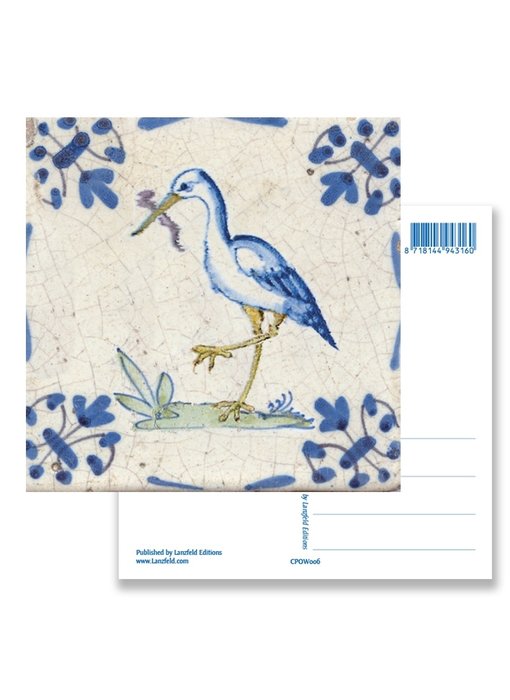 Postal, cigüeña de azulejo azul de Delft