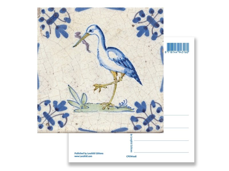 Postal, cigüeña de azulejo azul de Delft