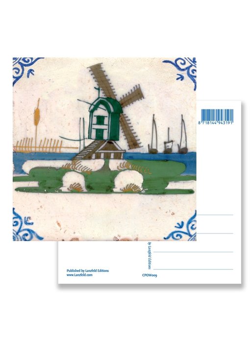 Postal, molino de azulejos policromos azules de Delft