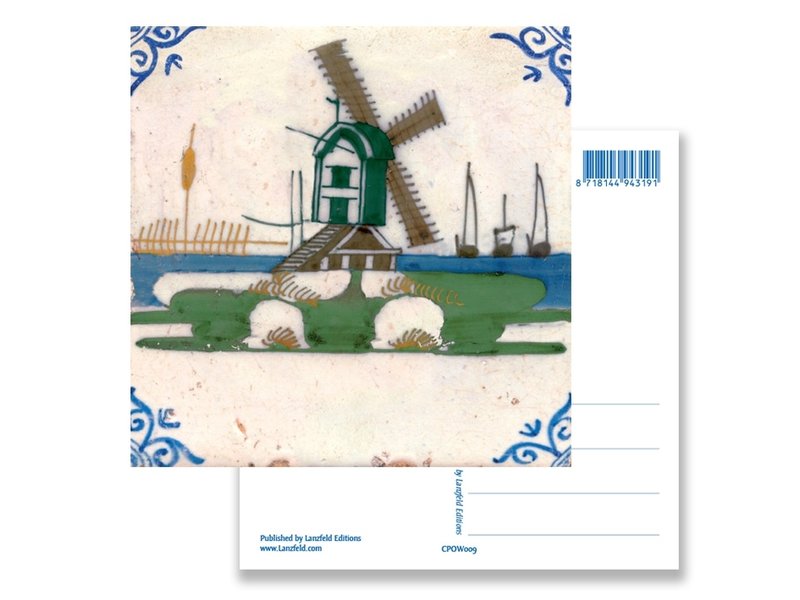 Postcard, Delft Blue Polychrome Tile with Windmill