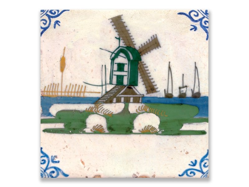 Postcard, Delft Blue Polychrome Tile with Windmill