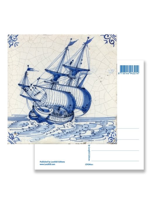 Carte postale, tuile bleue de Delft, navire des Indes orientales