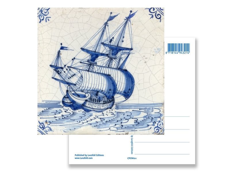 Carte postale, tuile bleue de Delft, navire des Indes orientales