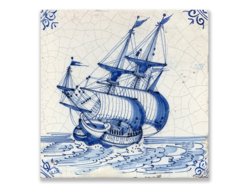 Carte postale, tuile bleue de Delft, navire des Indes orientales